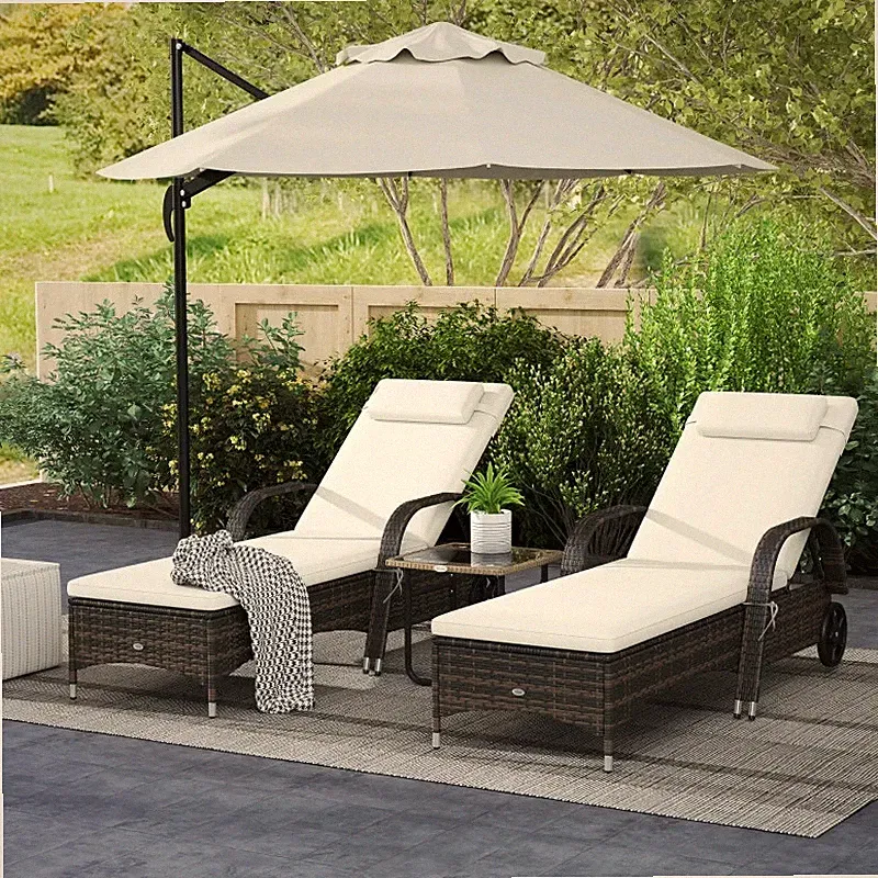 2 Reclining Chaise Lounge Chairs Rolling Outdoor Chairs Cream
