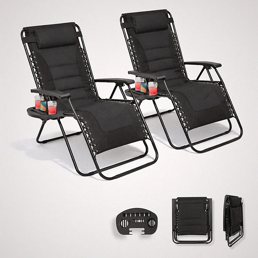 2 XXL Zero Gravity Reclining Garden Chairs Foldable Sun Loungers, Cup Tray Set