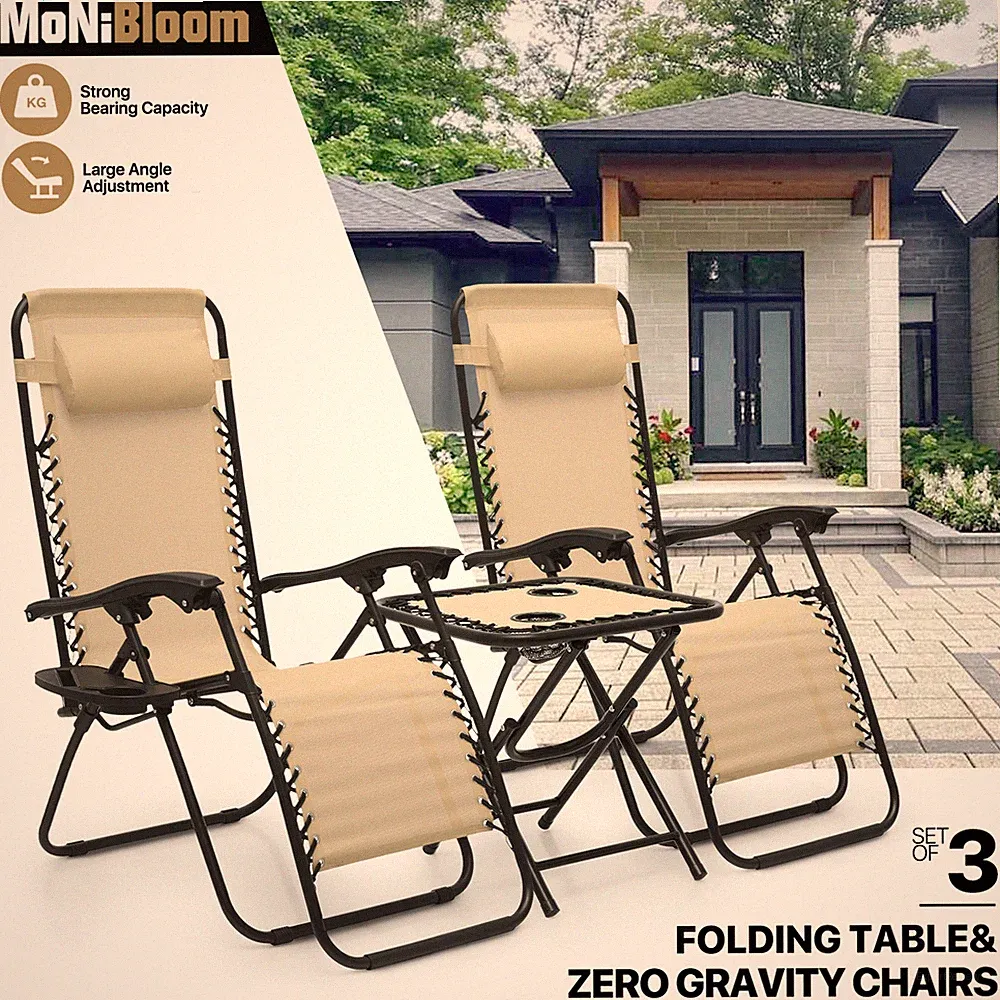 3 Pcs[ZERO GRAVITY CHAIR+FOLDABLE TABLE SET]Beach Reclinable Lounge w/Cup Holder