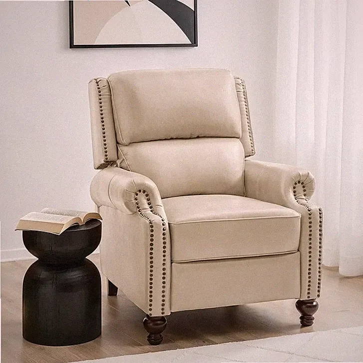 Beige Genuine Leather Wingback Pushback Manual Recliner Club Arm Chair Cream New