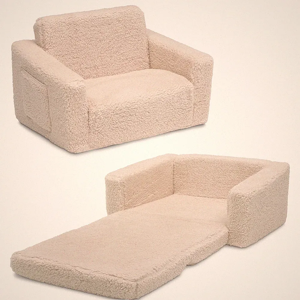 Cozee Flip-Out Sherpa 2-In-1 Convertible Chair to Lounger for Kids, Cream