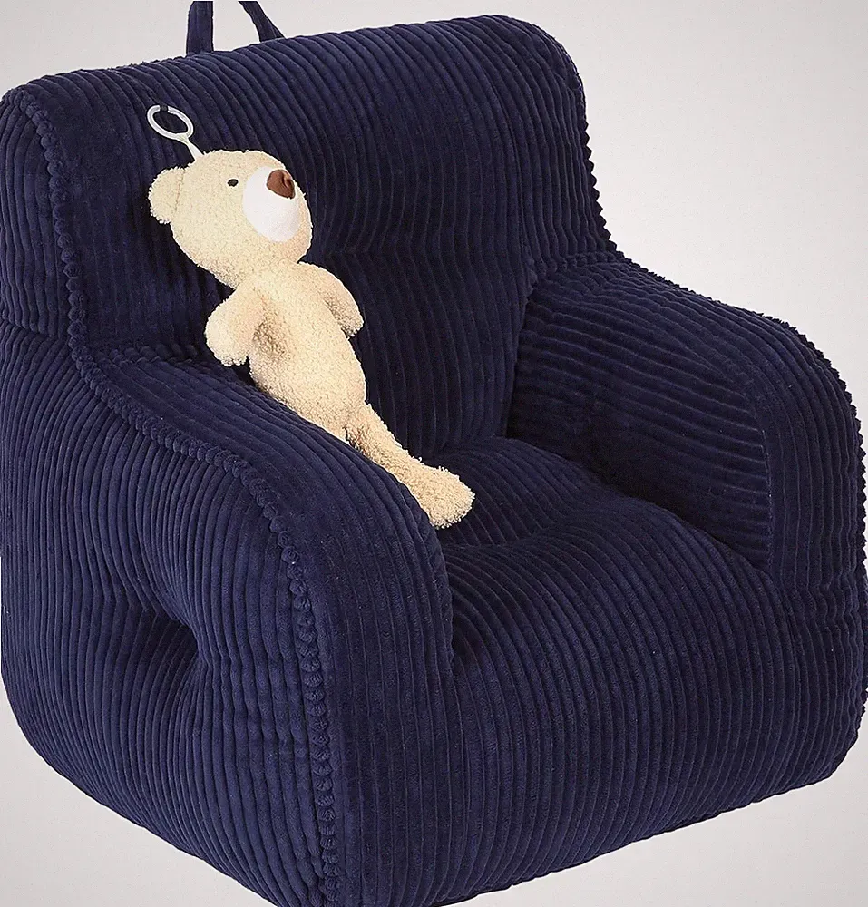 Cozy Dark Blue Kids Bean Bag Chair with Plush Bear for Toddlers