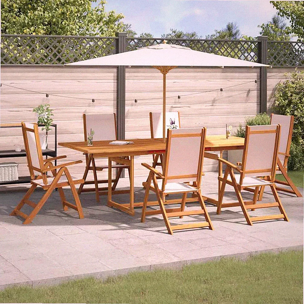 Garden Dining Set 6pc Cream Textilene Recliners Solid Acacia Extending 160-240cm