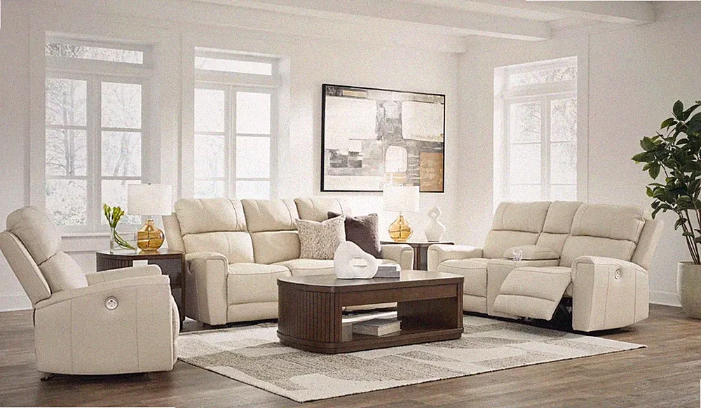 GENUINE Top-Grain Leather Power Recliner 3PC Sofa Living Room Set Beige Cream