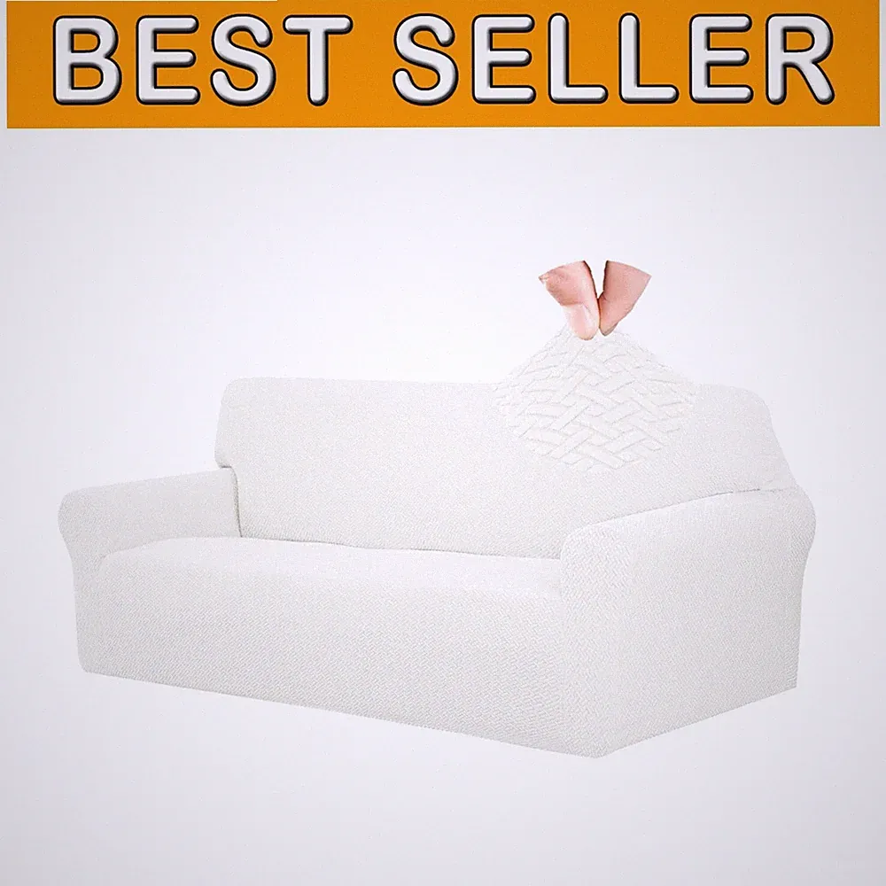 High Elasticity Couch Slipcover - Cream Jacquard Sofa Protector for Pets & Kids