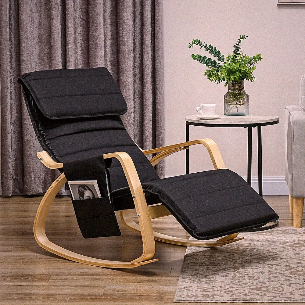 Modern Rocking Lounge Chair Recliner with Adjustable Footrest, Black