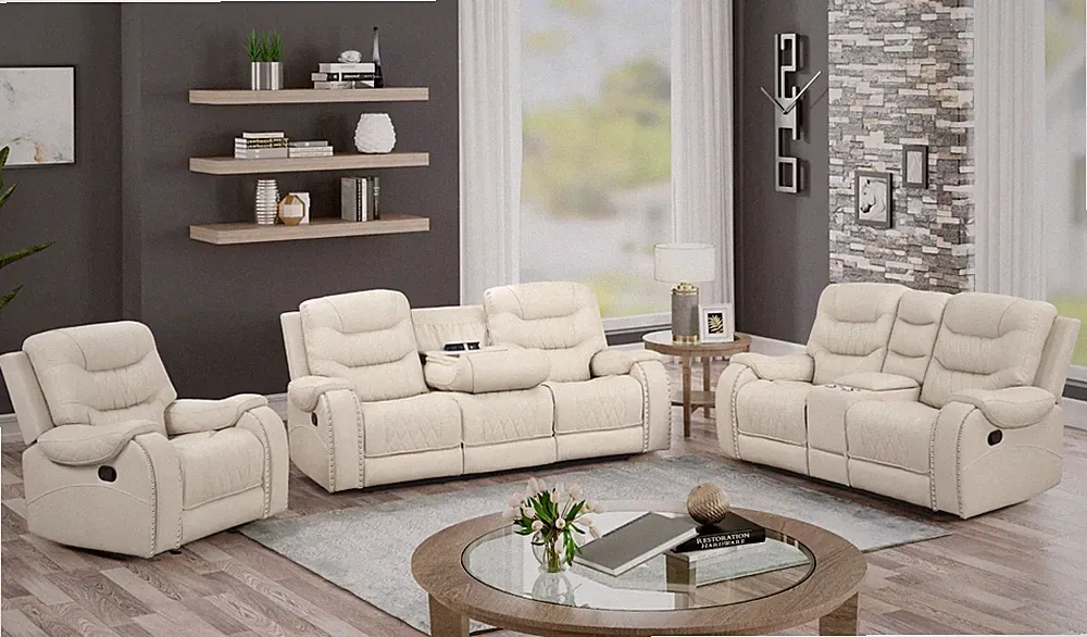 NEW 3PC Cream Beige Sofa Loveseat Chair 5-Recliner Modern Leather Living Room