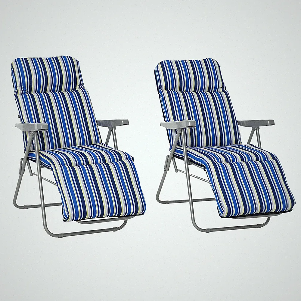 Outsunny Set of 2 Adjustable Sun Lounger Recliner Reclining Seat Blue and Cream