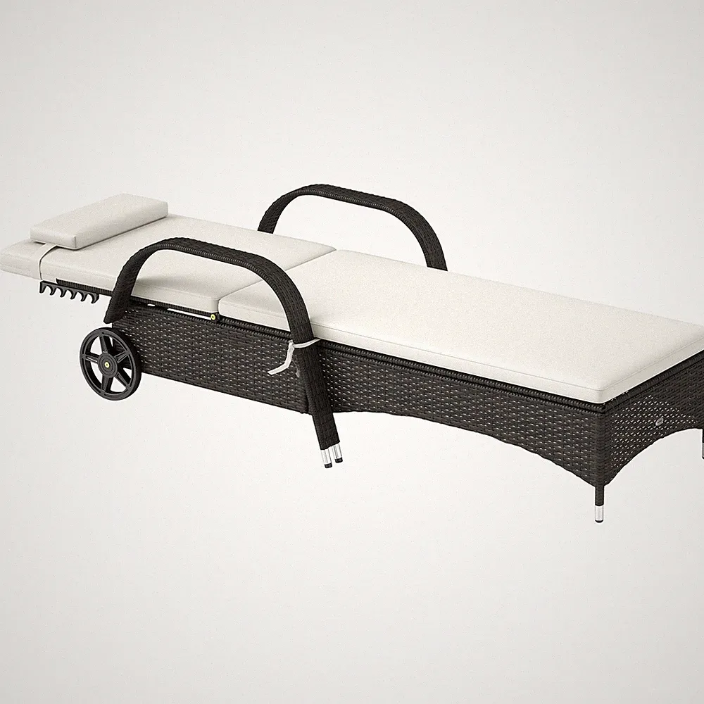 PE Rattan Chaise Lounge Chair w/ Wheels Cushion Headrest 5-Position Cream