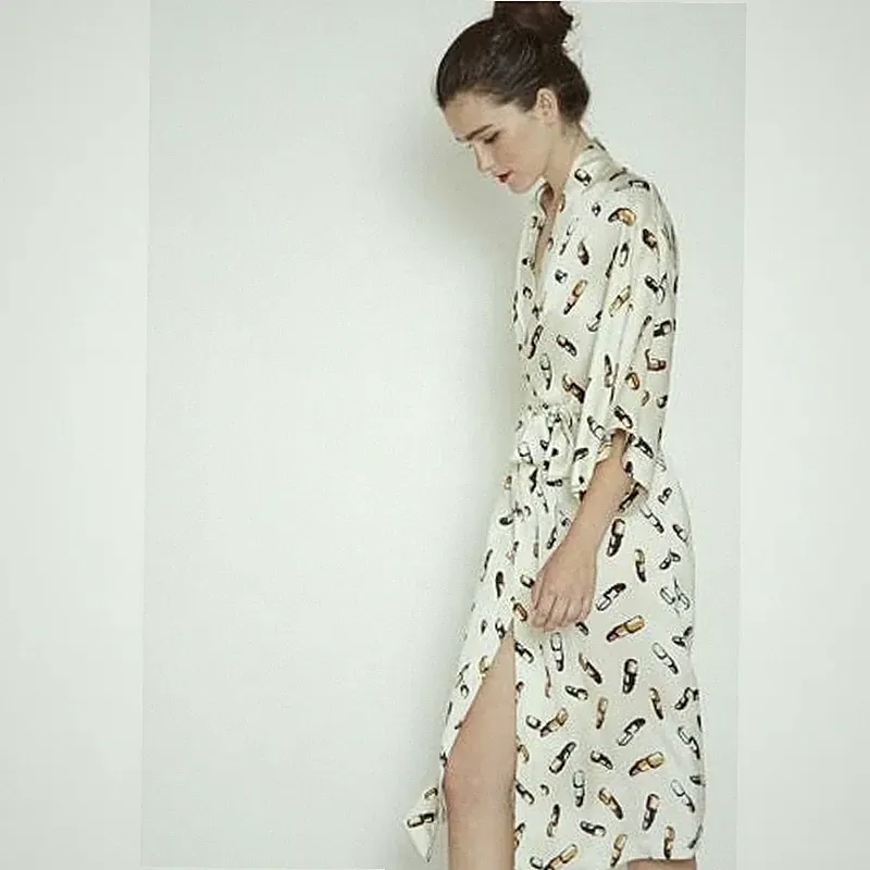 RECLINER Silk Lipstick Print Robe Midi Ivory Loungewear Luxury Satin Women's S