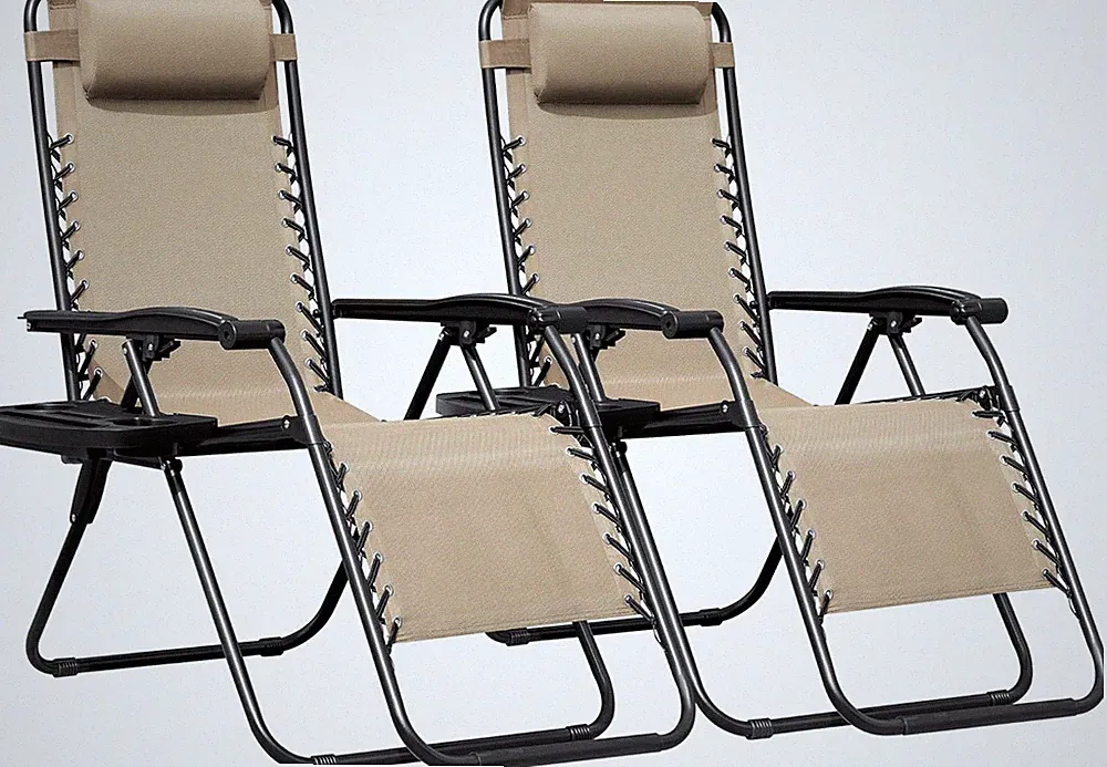Set of 2 Cream Zero Gravity Chairs with Cup Holders & Pillows, Adjustable