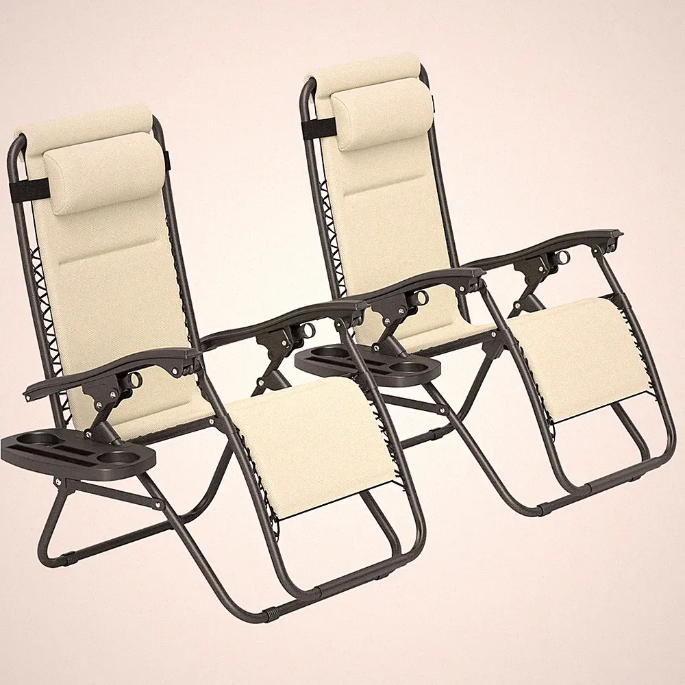 Set of 2 Zero Gravity Chairs w/ Headrest Side Tray Folding Recliners Cream
