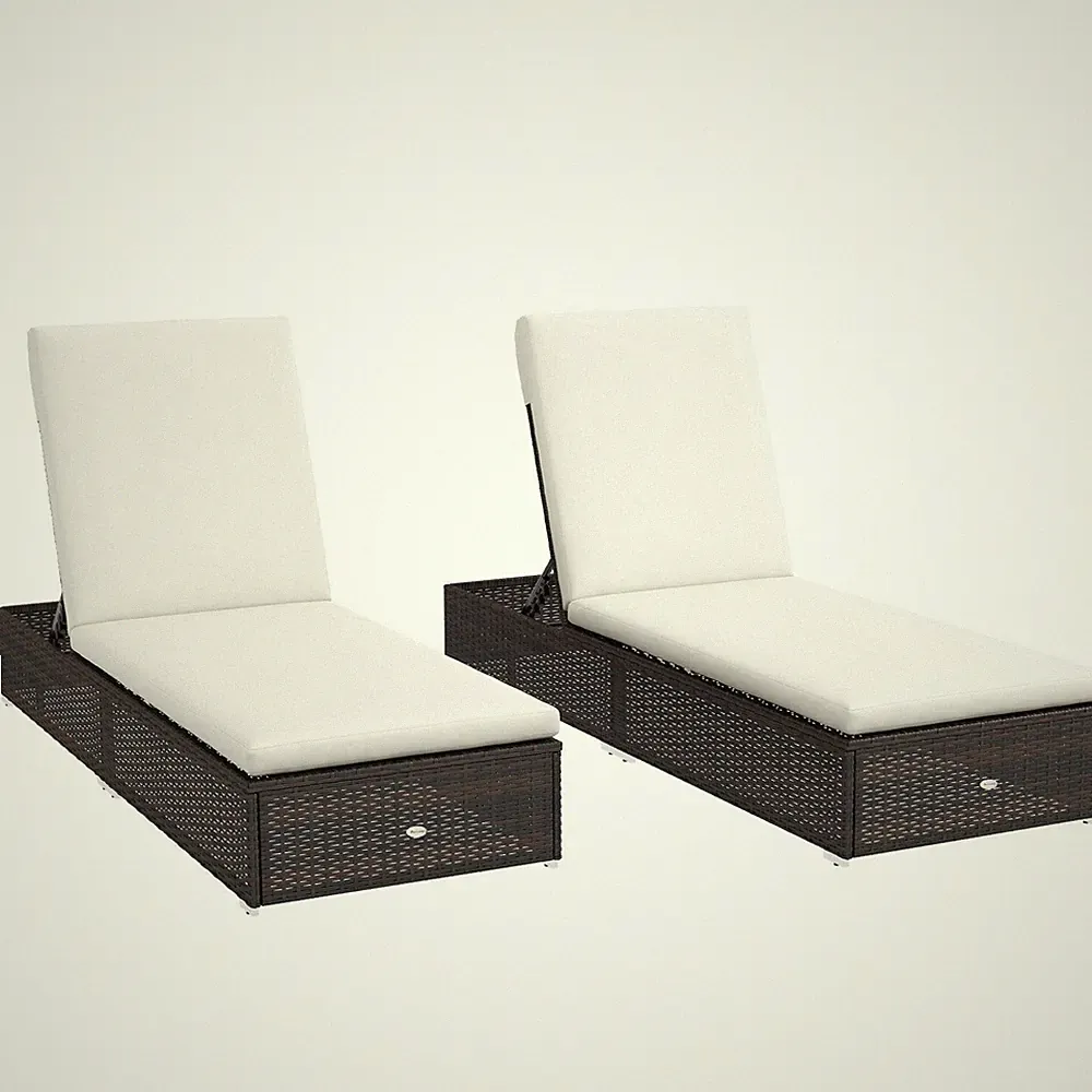 Set of Two Rattan Sun Loungers, with Reclining Backs - Brown/Cream