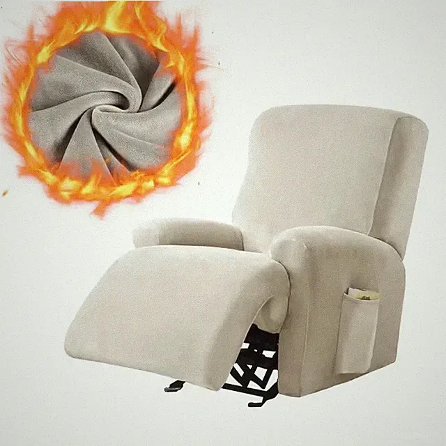 Stretch Velvet Recliner Chair Cover with Side Pocket Cream Soft Full Slipcover
