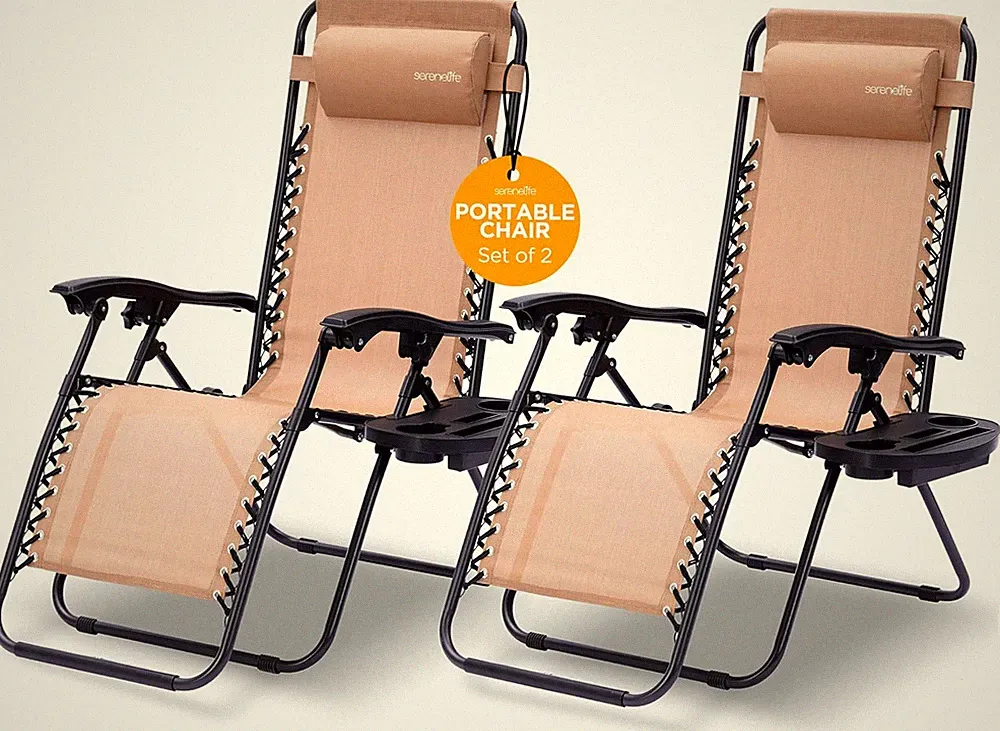 Zero Gravity Lounge Chairs Set of 2 with Side Table & Cup Holder - Cream